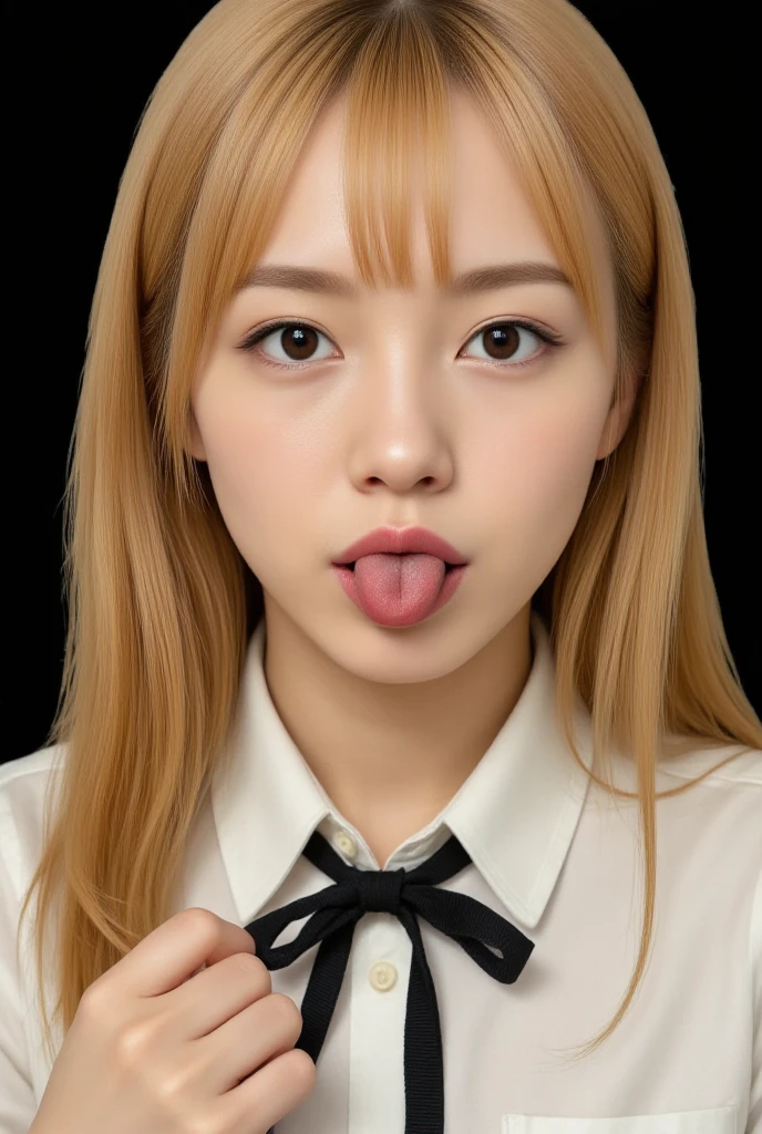 Japanese woman, beautiful girl, gal, blonde, baby face, highest quality realistic skin, eyes in focus, 20 years old, sticking out tongue, focus on mouth, open mouth, long tongue, saliva, open mouth wide, inside of mouth visible, open mouth and sticking out tongue