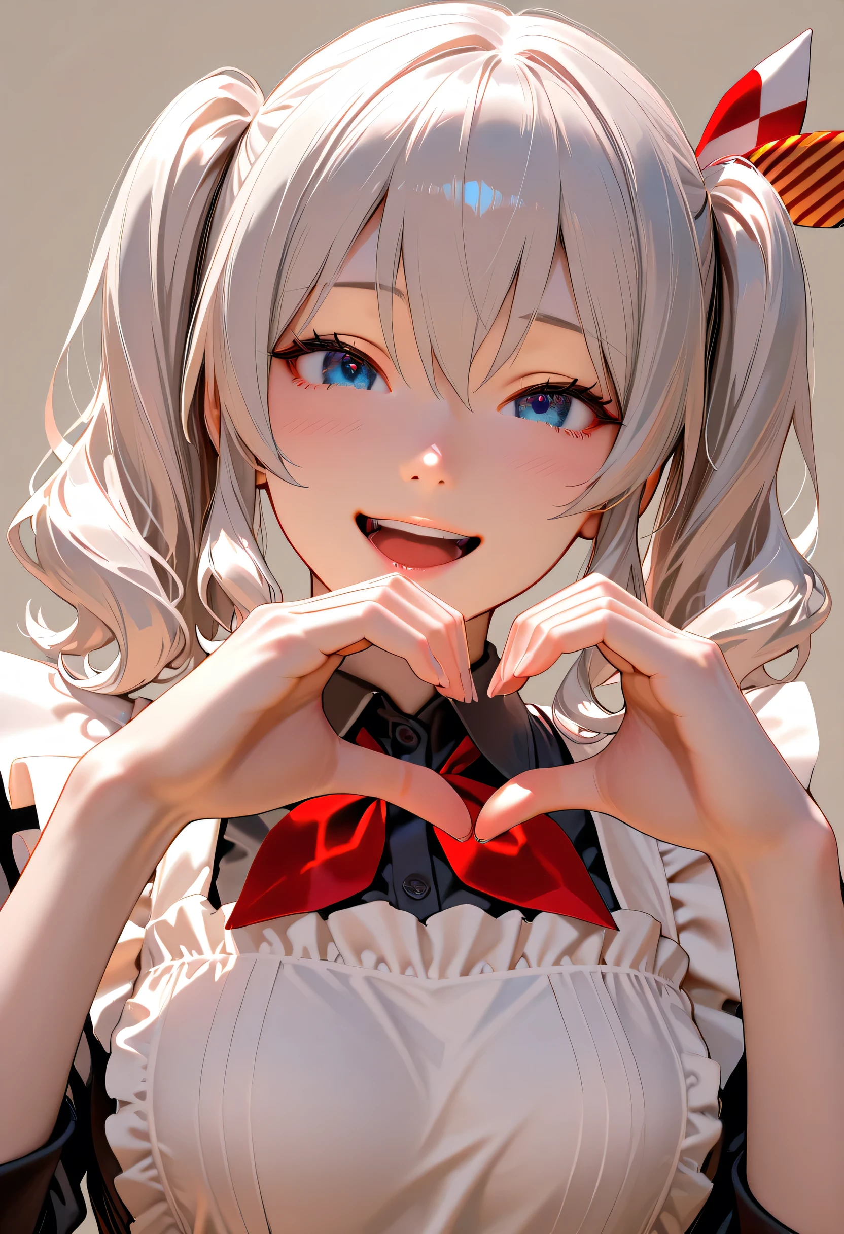 ((Top quality)), ((masterpiece)), (details),
High resolution, super detailed, very detailed CG Unity 8k wallpaper, real, photorealistic,
Beautiful fine face, detailed face.
Pale skin, realistic shining skin.
Detailed fabric texture, detailed hair texture.
(Eyes with attention to beautiful details: 1.5),
(Small hand), ((perfect hand)).
Slim legs, detailed legs.
((Perfect Anatomy)).
Perfect lighting.
Break,
A A girl,age:18,
Kashima (kancolle),
Kashima (fleet girl’s collection),
(Gray hair:1.5), Medium Hair, wavy Hair, (twin tails),
(blue eyes:1.2),
break,
(Zoom up face:1,4), eyes closed, edwardian Maid, ((Big smile:1.4)), heart hands,open mouth,
simple background,