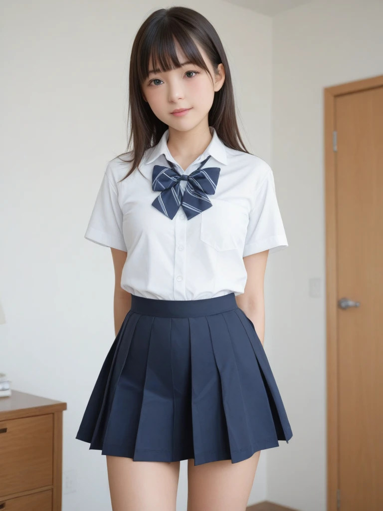 Browsing Caution、8K,Highest quality, masterpiece, Very detailed, Ultra-high resolution, Realistic, RAW Photos, , Absolute Resolution, Complete limbs、Complete Anatomy、Perfect beautiful skin、pretty girl1人,pretty girl 、、(smile:1.2)、ta Girl、(school uniform:1.3)、(Short sleeve white collar shirt:1.1)、 、、Micro Mini Skirt、、Accentuate your thighs、pretty girl、 , Realistic young gravure idol, Japanese Girls、、alone、(bedroom:1.2)、