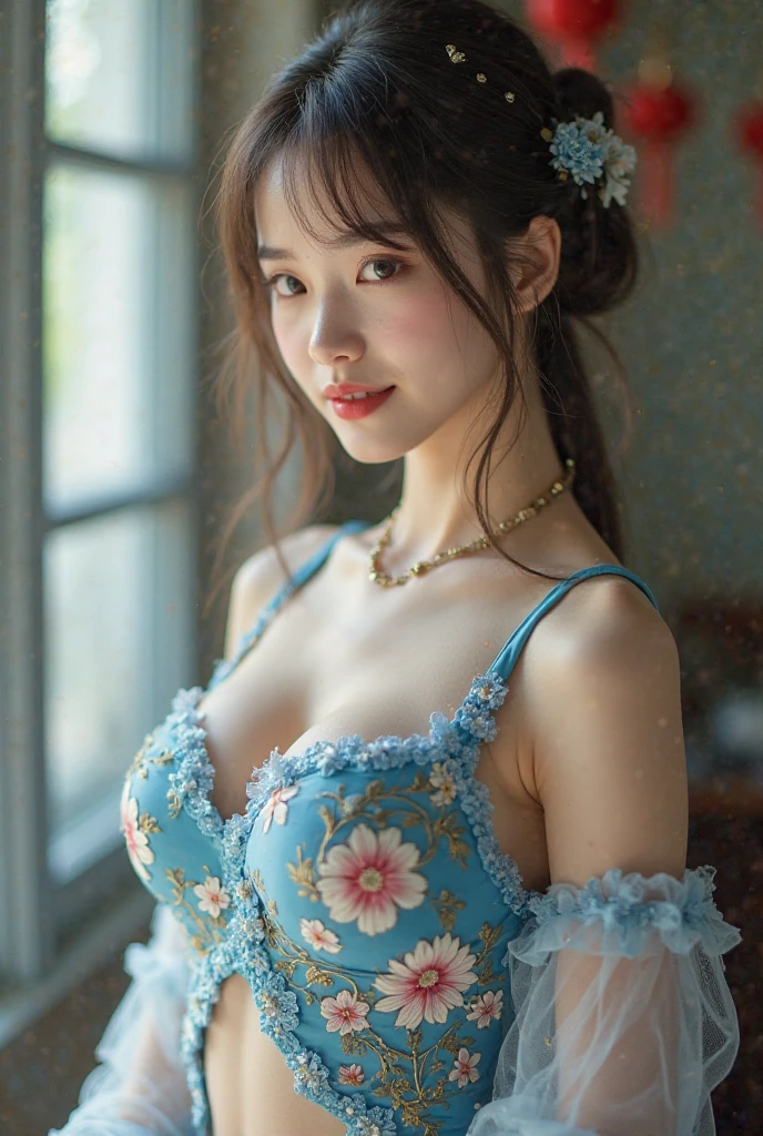 There is a beautiful girl in a ridiculously large bird cage、Beautiful girl smiling in a bird cage、There are many flowers blooming around、Whispering of a little bird、The maiden's breasts are very large、See-through dress with fine floral embroidery