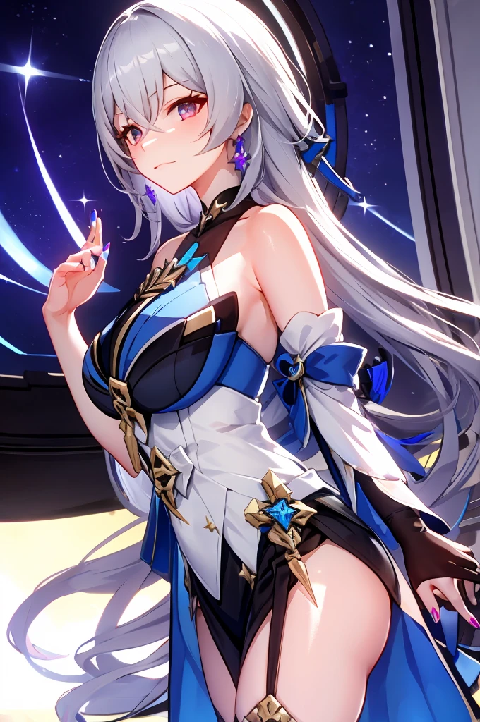 Dark Magician Girl、MKSKS style、1 person、Break HA、(highly detailed back ground:1.0)、(highly detailed back ground:1.0)、masterpiece、top-quality、超A high resolution、in 8K、Clear focus、(lying on one's side:1.2)、BREAK、(1/There are two types of yellow.、Yellow type 1/2 Silver hair)、BREAK、(1/2 white and 1/2 silver long dresses:1.2)、Detailed skin、glowy skin、bare-legged、A detailed eye、Blue eyes、Burning cheeks、Wearing makeup、A smile、Large breasts、Break HA、(milkyway:1.2、shooting stars:1.2)、Break HA、plain