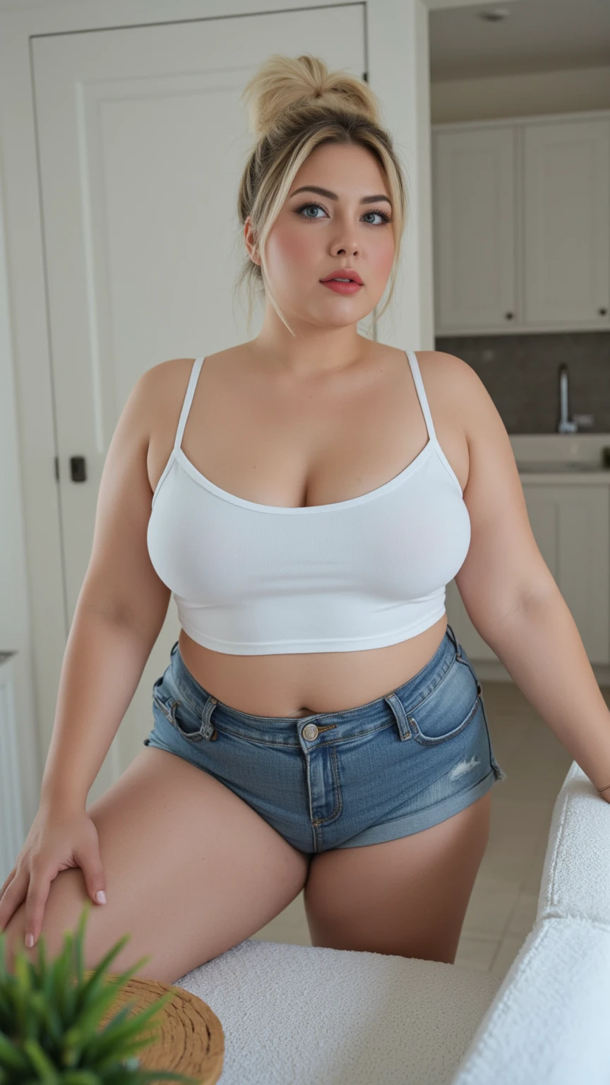 (8K, best quality, masterpiece, Golden Ratio Composition,:1.3), (40 years old plump Japanese woman in the bedroom), (90 kg obese body), (Legs close-up), (Thick thighs), (Snow-white long legs), (Wear pajamas :1.2), (Huge breasts), (Big thick legs), (jeans), Soft face line, Gentle and beautiful, (Silver short hair),
