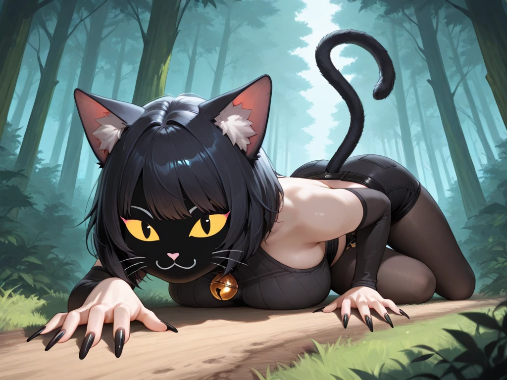 A black cat, startled, caught in a moments pause, its fur bristling, eyes wide with surprise, amidst the dim, enchanting glow of a moonlit forest.