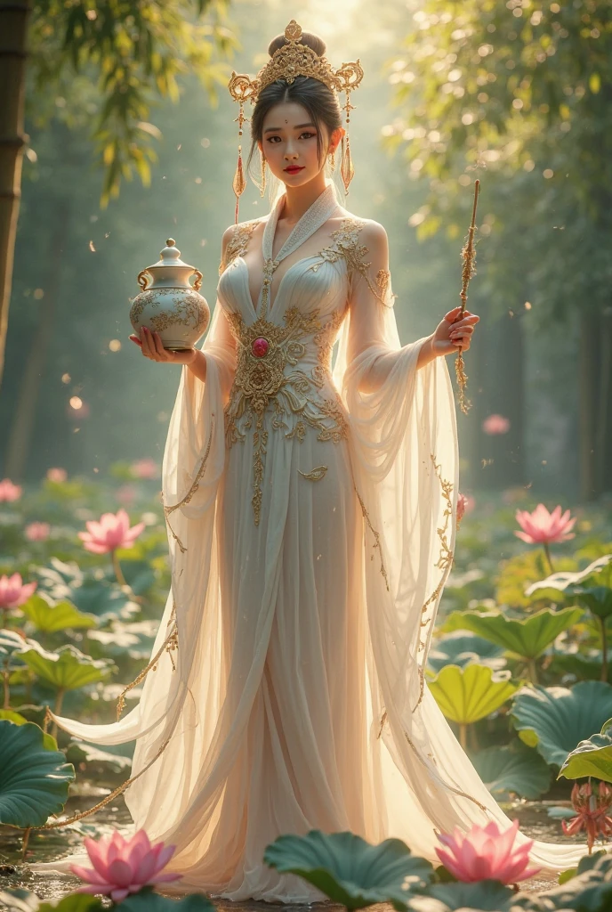 creates a high quality full-body portrait, provides natural realistic lighting and shadows, increases realistic hair resolution, increases realistic skin resolution, increases realistic glitter resolution, uses proportional information to create the character's body as accurately as possible, like the most real human, version of Kuan Im. Shemale Beautiful, elegant, with Chinese skin. Made up with the beautiful golden makeup of the Great Chinese Queen, with small red jewelry in the middle of the forehead. She looks gentle, kind, proportions: 38 inches, waist 28 inches,  40 inches, height 168 cm. Weighing 55kg. In a white and silver Chinese priestess dress, a sheer thin fabric clearly reveals her body,   , holding a Chinese bamboo branch and an ornate white terracotta water bottle, with golden rays of light emanating from the body, standing on a huge blooming lotus, the backdrop of an unassed bamboo forest. Beautiful around the lotus pond