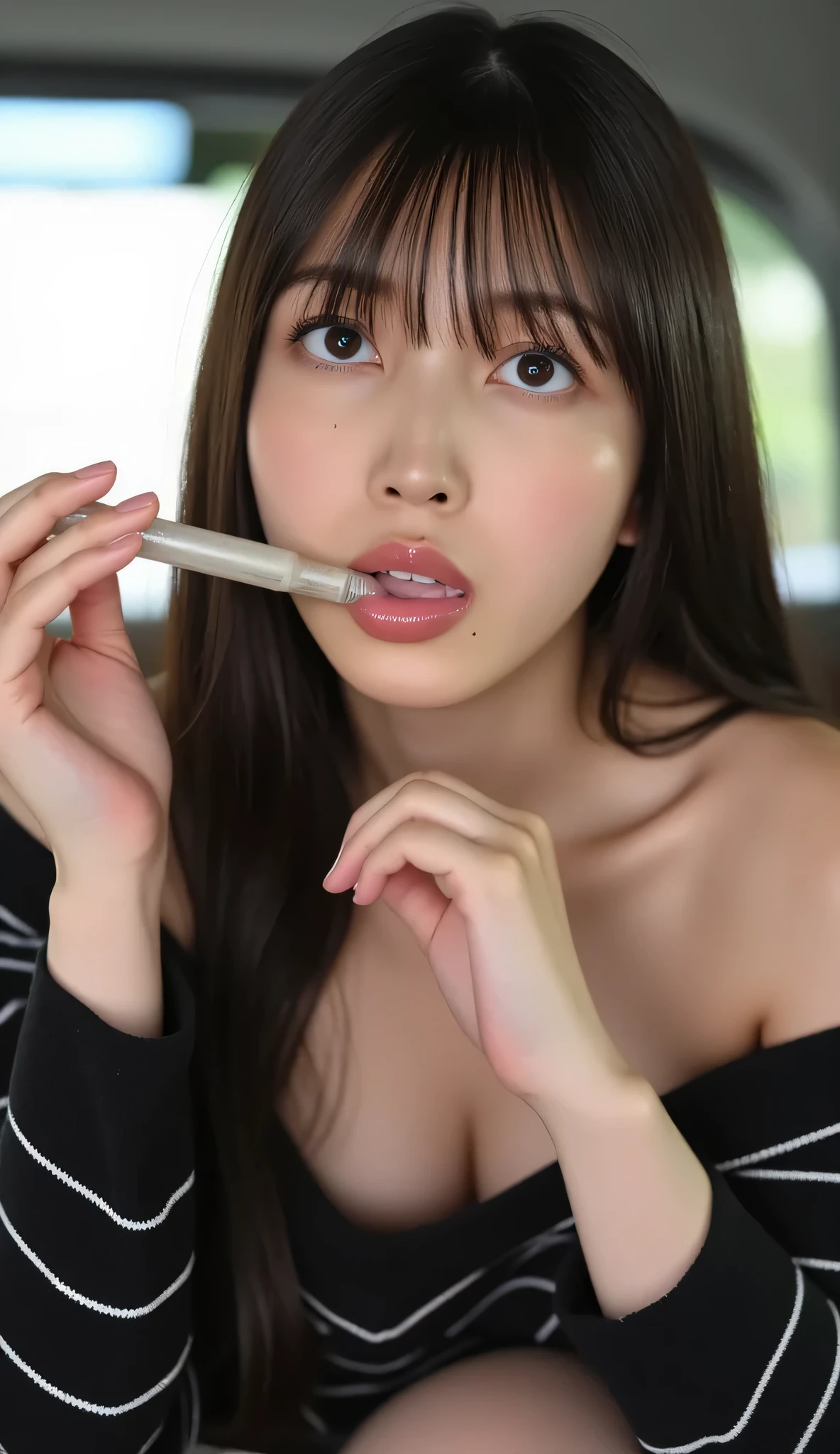 (((Top-Down Configuration:1.4))), ( Highest Quality:1.4), (Ultra High Definition:1.2), ( Realistic frontal y:1.4), (16k, RAW photos :1.2), ( 's entire head is perfectly projected as a portrait shot :1.3), (shiny skin), professional lighting , Japanese Goddesses, By gravure 々, detailed face and skin texture, FineEye , beautiful and attractive 、Single woman in a seamless bikini , nsfw, beautiful eyes on my stomach, FineEye , beautiful face, detailed face, ((smile:1.3)), ( Highest Quality), growing skin , ( smooth lights inside a tropical car:1.2), (cinema lighting:1.2), ( long brown hair ), (Bangs:1.4), (( off-shoulder :1.2)), (shoulder:1.2), ((Chest enhancement:1.7)), ( Big Breasts:1.4), ((Chest to Chest )), (( Black Striped Sweater:1.3)), ( bare thighs :1.4), ( white thighs :1.1), sitting, seiza, ( lean forward ), (Hands on Needs), Slightly above , fellatio,hand job,swallow、woman shoving horse penis down her throat . amazingly attractive woman 、penis stuck in throat , (cheek of the penis is dented on the cheek), Unpleasant face. Her expression shows disgust . big penis deep in throat . this is a scene from a sci-fi movie . her face appears to be pouting、 I see complete shock and fear . her skin is sweaty in high definition.Steady background. amazingly attractive woman who pierces the tube into her throat .deep nasolabial folds、facial wrinkles