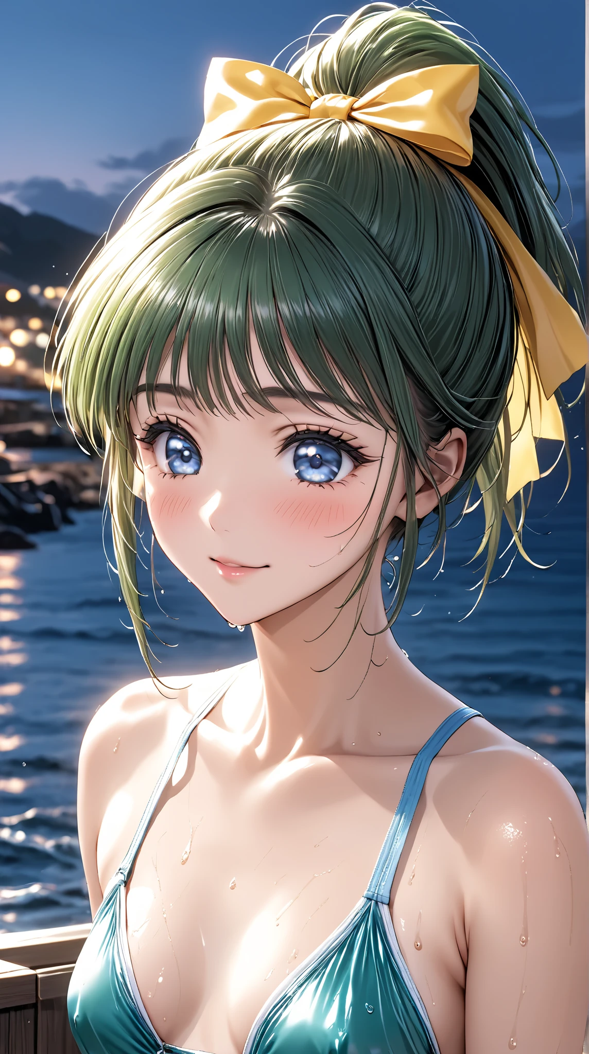 aqua hair, medium hair, blue eyes,photorealistic, (4k), (upper body), depth of field, (Masterpiece), (realistic skin texture), highly detailed, intricate, highly detailed, (upper body), professional photography, cover-up, bokeh, high resolution, sharp details, best quality,sitting on the bench with crossed legs,((bikini))
