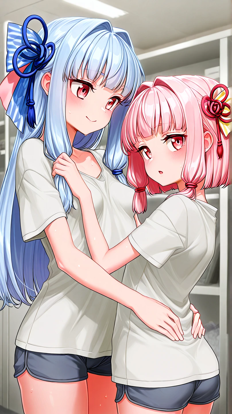 masterpiece, best quality, (Small breast:1.1), White hair, Long hair, <lora:Yuri_breast_touching_clothedV3:0.5>, 2girls, (grabbing another:1.3), yuri, (Inside bus:1.3), ( colorful pink circle dress with flower print:1.2)
