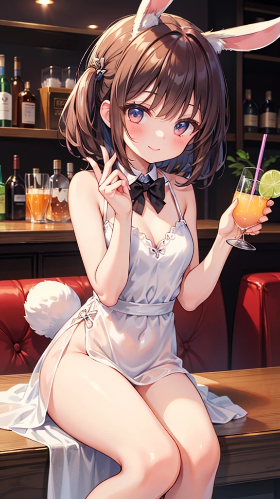 Honoka Kosaka Orange Hair Blue eyes short hair One-sided ponytail Orange nightgown White garter belt smile Larger breasts night Love Hotel Seduce Sit on the bed night景 Dark Room Room lighting Holding an orange cocktail