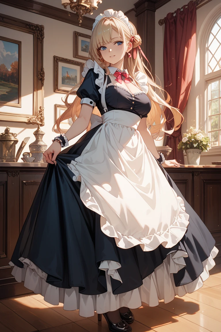 tavern,Dances,joy,Huge hall,Lots of Drinks,Young woman,Ideal Appearance,ultra detail,high quality,beautiful figure,Everyone Around Looks Only at Her,Sunny Hair Color,bright blue eyes, Maximum Attractive (((masterpiece))),(((top quality))),((ultra detailed))