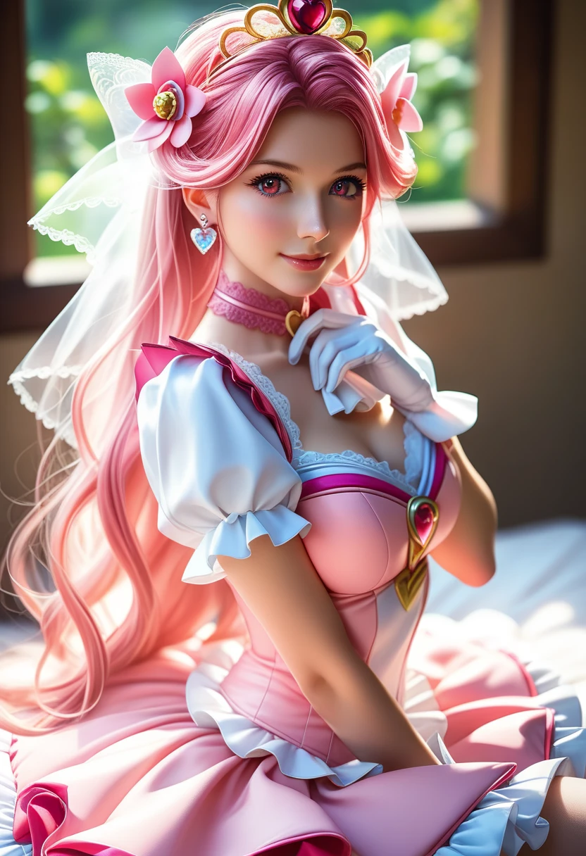 pnkdamond, pink hair, pink eyes, by the wide, stomach gem, pink skin, toned,
puffy short sleeves, elbow gloves , white thighs, Puffy dress,
standing, Upper part of the body,
outer space,
(incredibly detailed, beautiful detailed face,beautiful detailed eyes, masterpiece, Best Quality) cinematic lighting, smile,