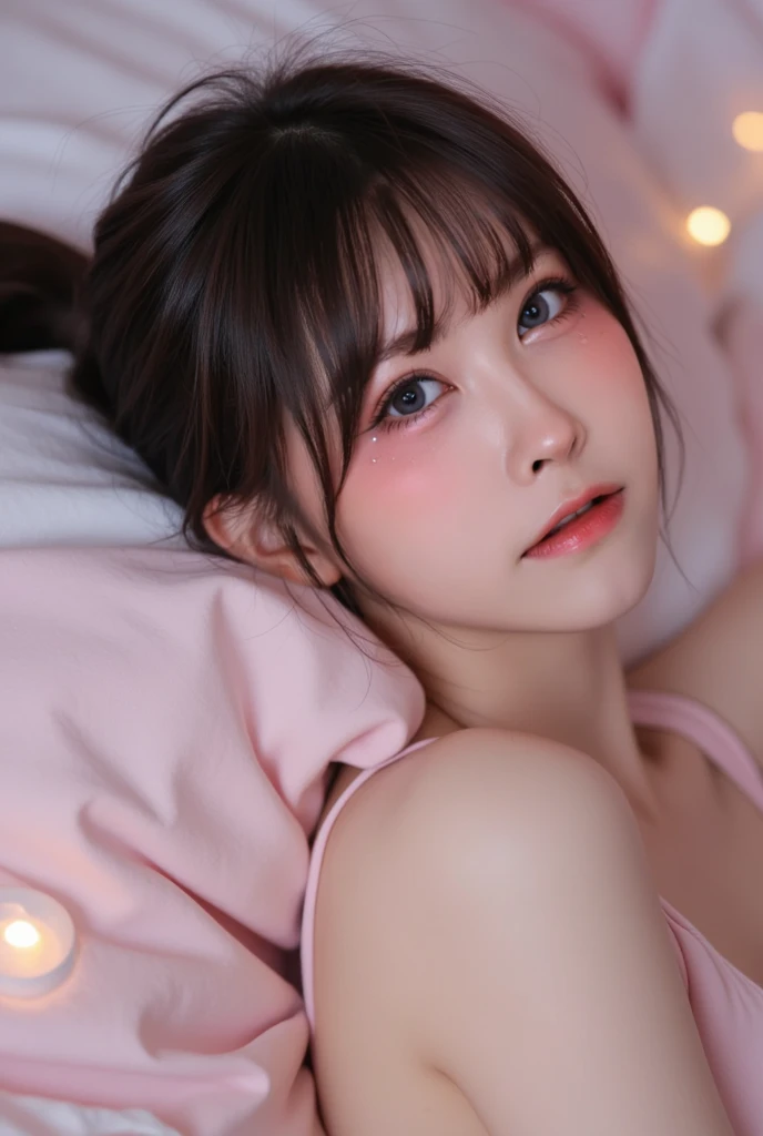 Lights out。Are sleeping。Sleeping with eyes closed。Beautiful young woman listening to music through headphones while lying down、Moonlight。Little Anime。Pink and light blue flowers are scattered throughout。On the big bed。Enchanting rooms。relax。Dark beautiful room。Woman with fair skin。