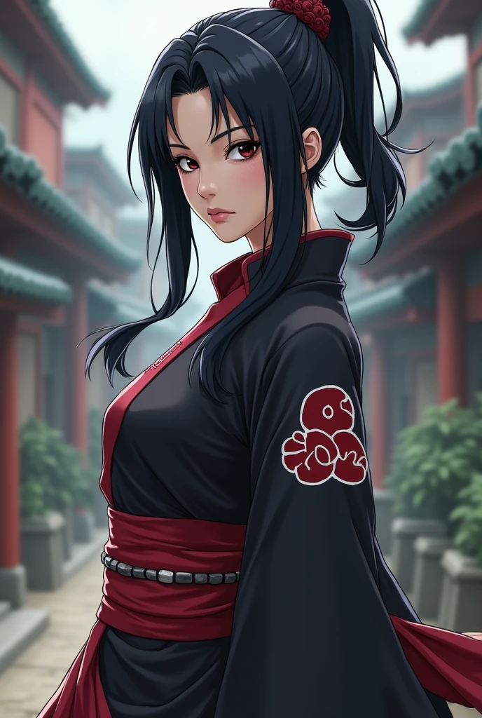 nar_kurenai_yuhi,Forehead protection,bandagenull bodyesbian,red eyes,wariza,Off-the-shoulder attire,cleavage,little breast