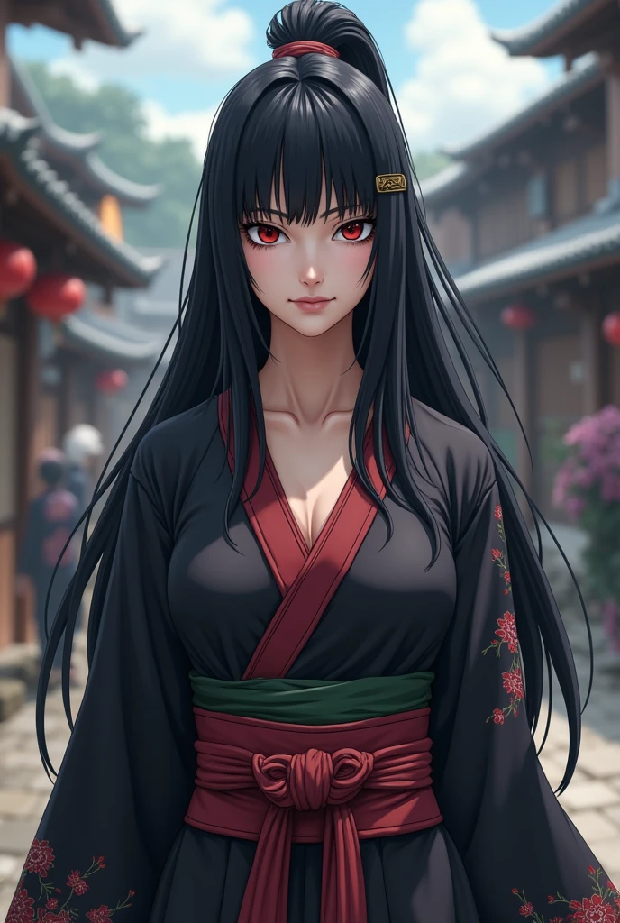 Anime Japanese woman wearing a kimono, Yellow-eyed, Black Hair, Maroon dress, olive green hakama. She has a large chest but you can't see it., Her long hair is parted in the middle and tied back., And smiling. She wears a Japanese sword on her left hip..
