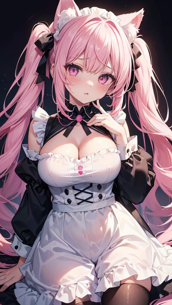 1girl, portrait, anime girl with short pink hair wearing maid outfit, pink hair with few pieces of blue hair, pink eyes, close up face, detailed eyes, detailed hair, emotional lovely happy expression, crystal glowing eyes, cinematic lighting, extremely detailed body, face, clothes, (best quality,4k,8k,highres,masterpiece:1.2),ultra HD, masterpiece, very very anime style, bokeh, starry shining lighting, original characters