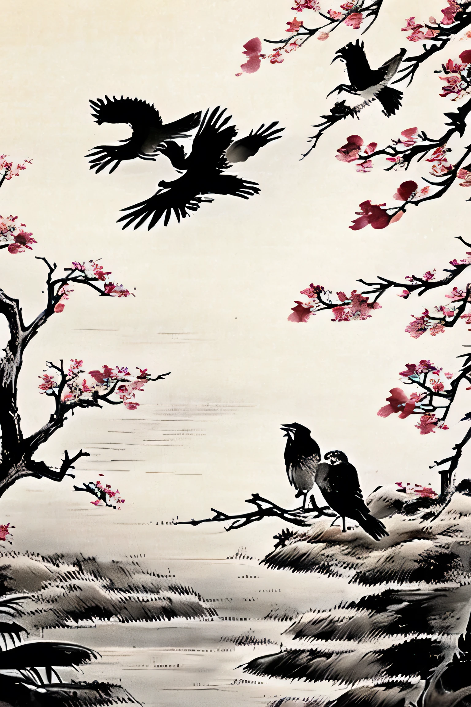 there are 2 birds perched on a branch, Crows, Crows as a symbol of death, Crow, black Crows, Crows beautiful, Black Ink Paintings, black Crows flying, inspired by Gonzalo Endara Crow, artistic drawing of a Crow, A heart and a heart that flies above , among Crow, Crow, Written by Lu Ji, dark、The background is the murmuring of a river,Temple、大きなCrow、wings