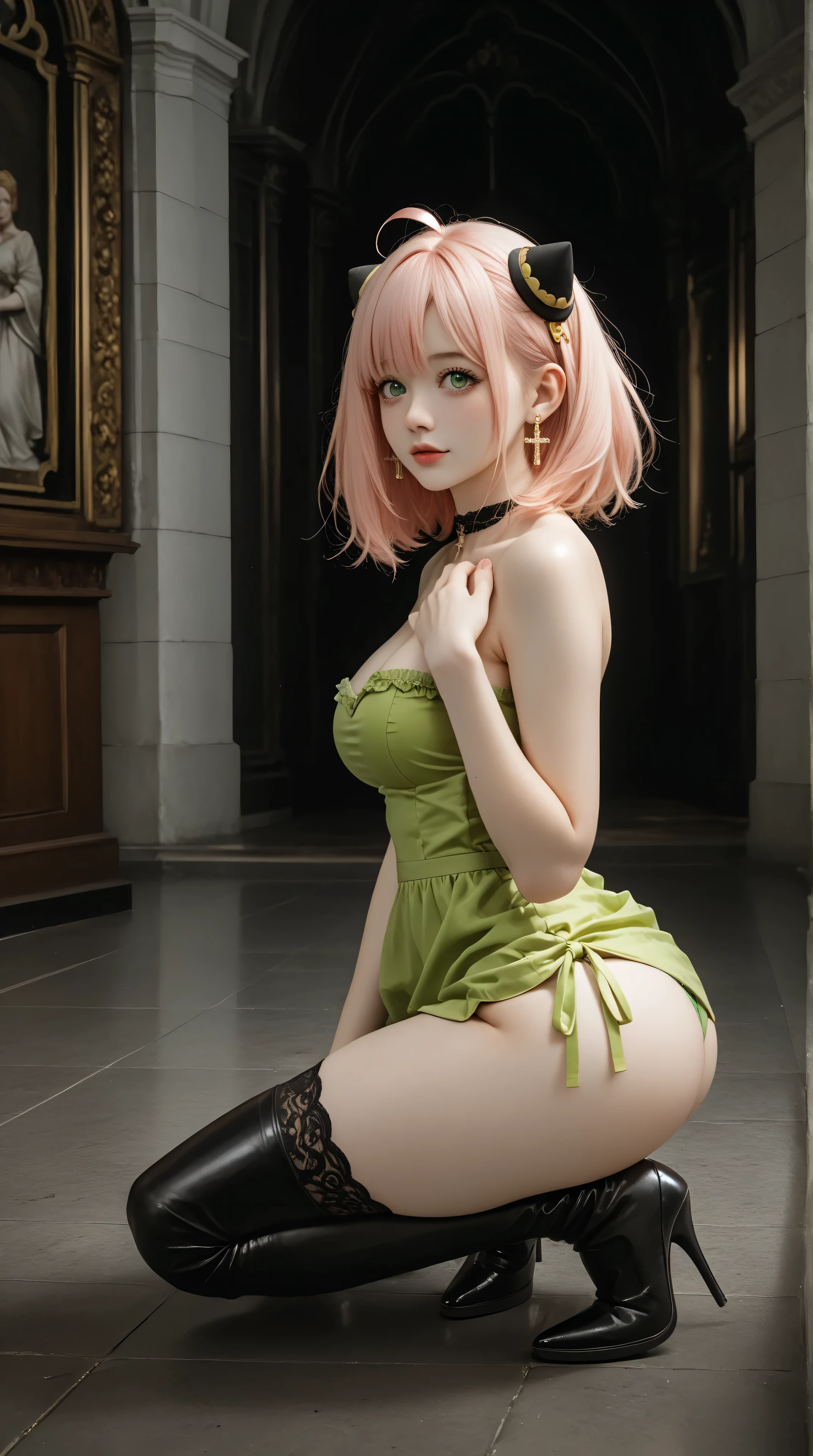 (work of art, best qualityer:1.2), only, 1 girl, tatsumaki, not funny, cloused mouth, looking a viewer, hand on our face, sitting down, short dress,muslos grandes,crossing the leg