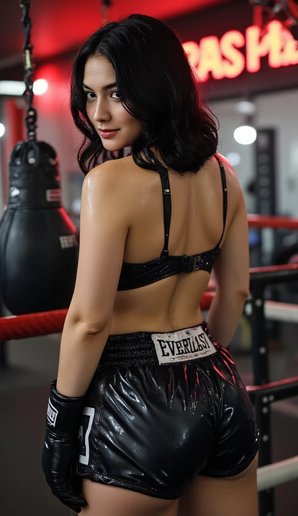 arafed woman in a black top and pink gloves posing in a boxing ring, hailee steinfeld, in a boxing ring, very sweaty, dilraba dilmurat, miranda cosgrove, dua lipa, boxing, barbara palvin, lorde, badass pose, sweat, music video, fanart, portrait sophie mudd, sweaty, in a fighting pose