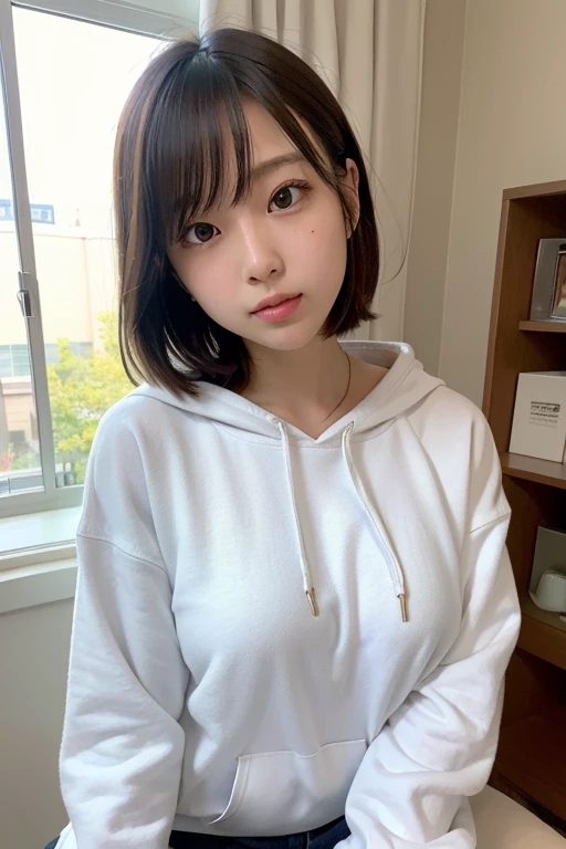 1girl, upper body,half body,smile,, (8K, RAW photo, best quality, masterpiece:1.2),(realistic, photo-realistic:1.37), clear face,At home,Wear a sweatshirt