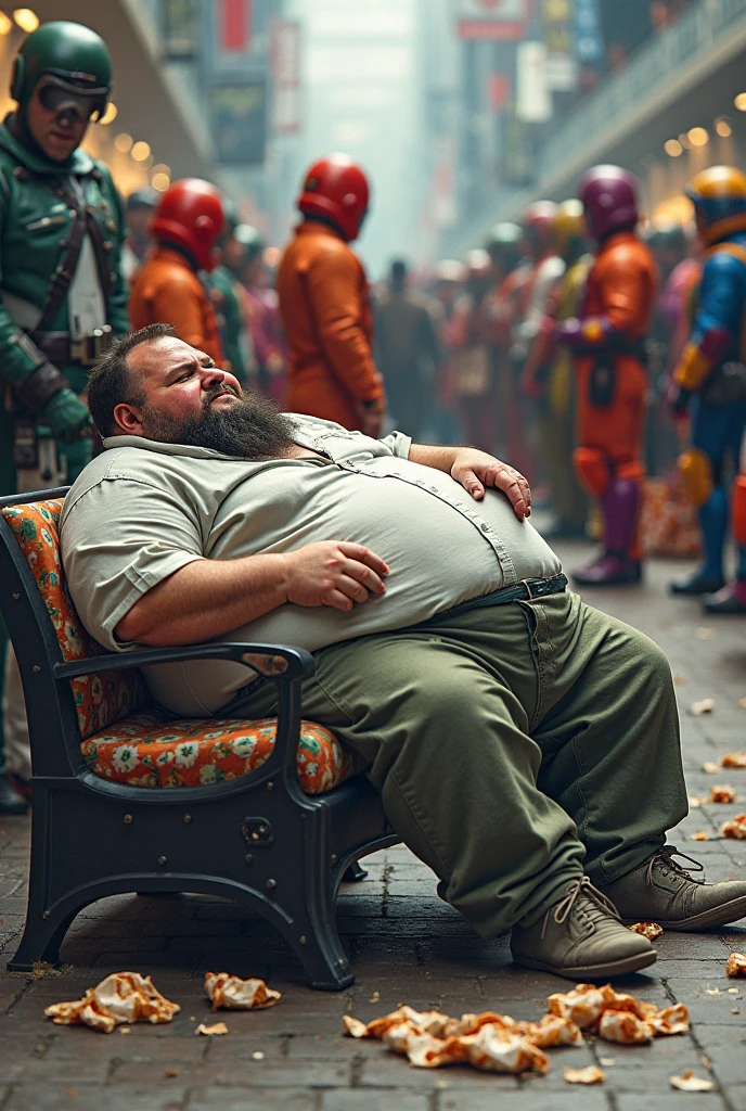 A man crushed by a fat man sitting with his stomach exposed in a hot spring.