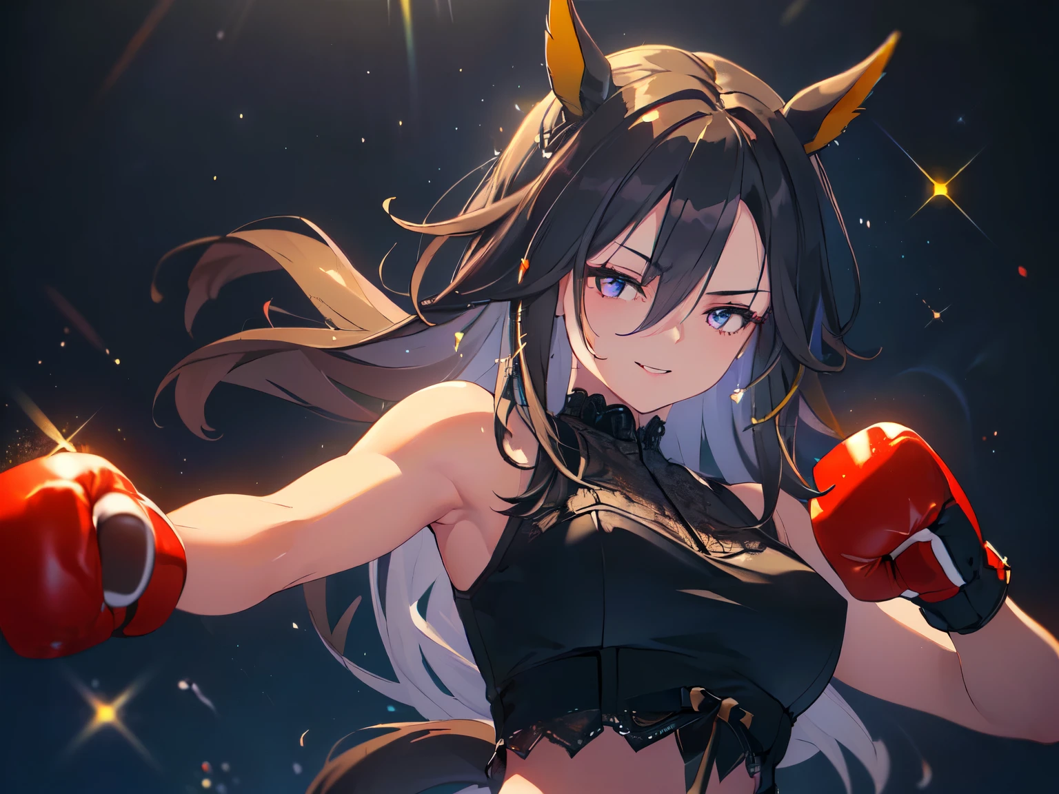 (bare hands, clenched fists, uppercut punch stance, jumps: 2), (solo, alone, girl, horse ears, hidden round breasts, black hair, very long hair, dreamy smile, black tights, see-through dark blue lace outfit, denim shorts, exposed midriff, dark purple background, ground filled with crystals, world filled with crystals, scattered crystals, upper body, accurate anatomy, high saturation, masterpiece, highest rated, 8K: 1.5)
