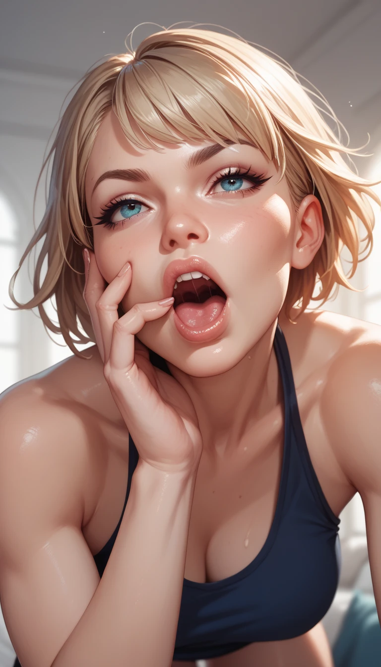 (best quality, 8k, highres, photorealistic:2.0), (solo, one girl:2.0),(lighting: front),(lighting: strong),(Russian Beauty:2.0),(shiny skin:1.5),(oily skin:1.5),(platinum blonde hair:1.5),Blush brown makeup , dark eye makeup , use pink glossy lipstick,(big eyes girl),(emphasize cleavage),(tiny micro bikini top),((big breasts)),(girl screaming loudly:1.5),(Drooling and sucking gesture:1.5),(fist in front of face:1.5),(a lot of drool:1.3),(look at the viewer)