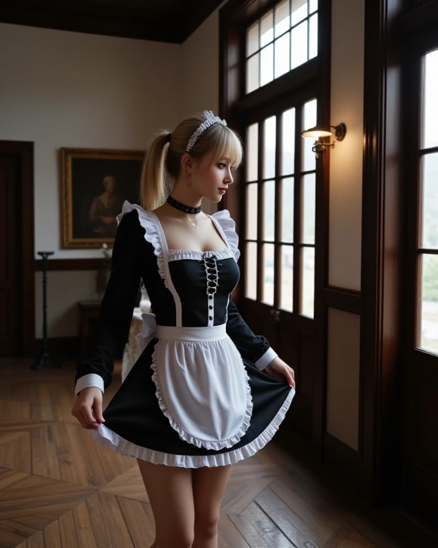 (High quality, High resolution, Fine details), sparkling eyes, (Detailed eyes:1.2), smile, blush, soft studio light, dramatic shadows, Soft tones, shallow depth of field, (dynamic very seductive posing), (full body shot), (18 yo slender athlete aesthetic girl, 10 out of 10), (long wavy blonde hair and bright eyes), (65JJ bust size), 50 mm lens, (bright soft ambient light), (excellent seductive makeup), very seductive mood, ((interested in one night stand)), ((she holds the hem of the with her hands)),
((A black dress with white trim, with a full skirt at or above knee length.
White half-apron, usually with ruffle or lace
A ruffled or lace headpiece or a bonnet
Tights or stockings
High heels, usually black
A feather duster
White or black lace garter
Choker necklace))