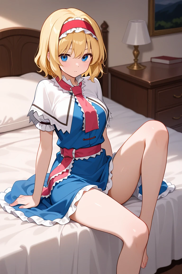 1 fox eared girl, (beautiful eyes finely detailed, Face to detail, blonde hair color, short hair), wearing 16th century outfit, long skirt, sitting on bed with arms behind her back, mischievous facial expression, smiling, blush on her face, full body, masterpiece sidelighting, ​masterpiece, top-quality, detailed, High resolution illustration
