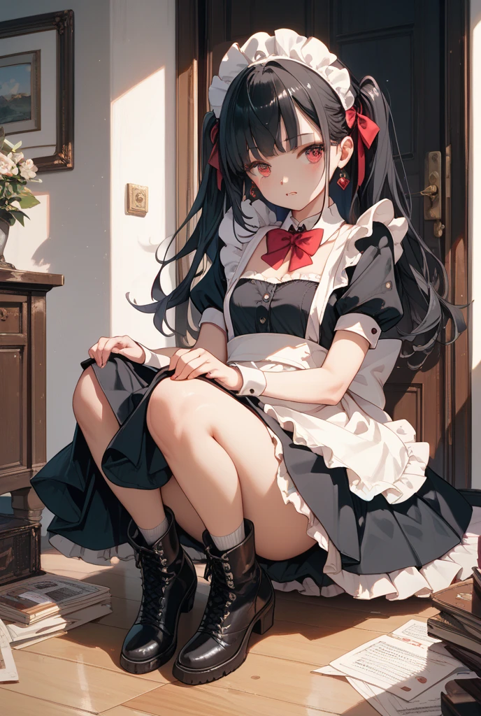 score_9, score_8_up, score_7_up, score_6_up, score_5_up, score_4_up, source_anime, 1girl, black hair, повязка на голову, рожки, один клык, red eyes, w-w-chain, shackles, Hang a girl up, raise arms, long hair, maid's outfit, black thigh high boots, heels, night, windows, dungeon, best quality, best res, 4K UHD,