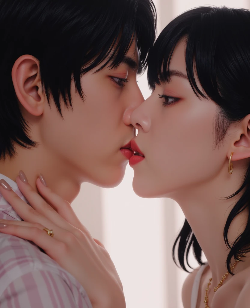 A man is kissing a woman in a white shirt, kissing together cutely, ayami koj ima, full scene shot, Japanese, kiss mouth to mouth, Asian, Adult, pochi iida, Hot, Beautiful, Masterpiece, komono, love scene, awww, Masterpiece!!, son, Femme, miko