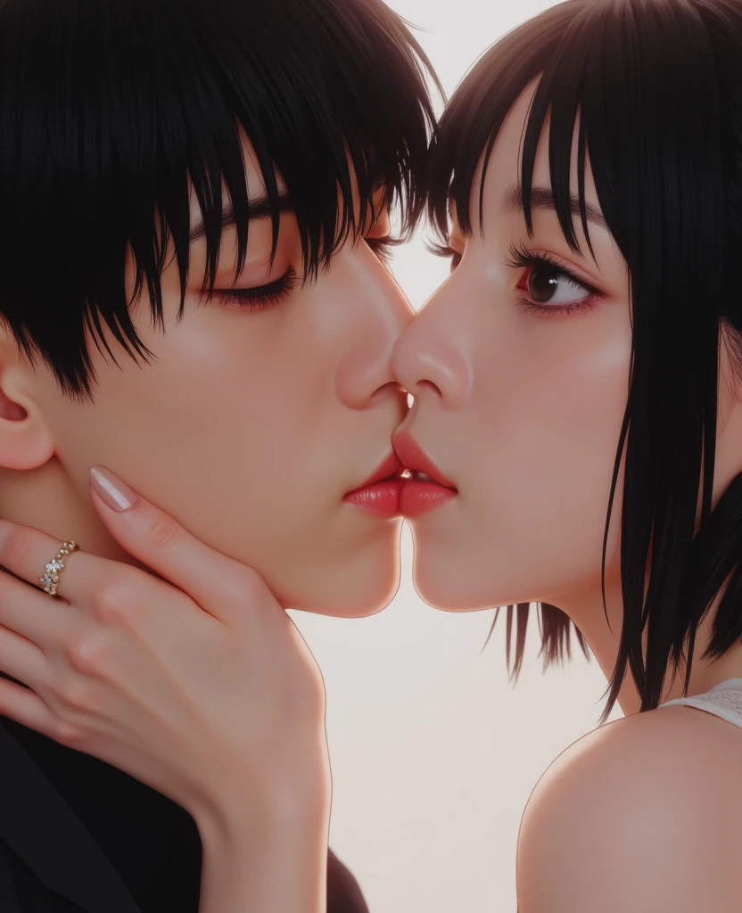  Amazing portrait of a sexy woman wearing her short black hair in a bob with a white hairband and some elegant earrings and a black sleeveless sweater paired with a cream skirt kissing and making out passionately with a shirtless boy in an intimate setting