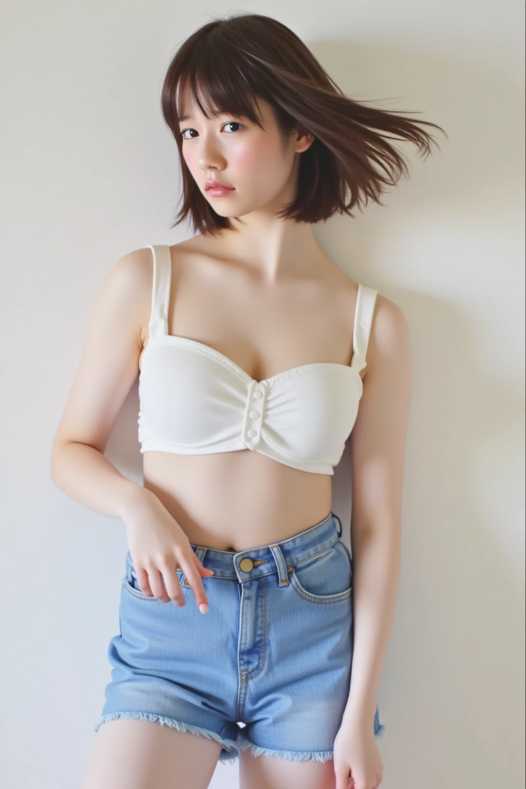 A hyper realistic European woman, cowboy hat, neck belt, white crop top, visible body over clothes, studio light on body, sexy, black hair