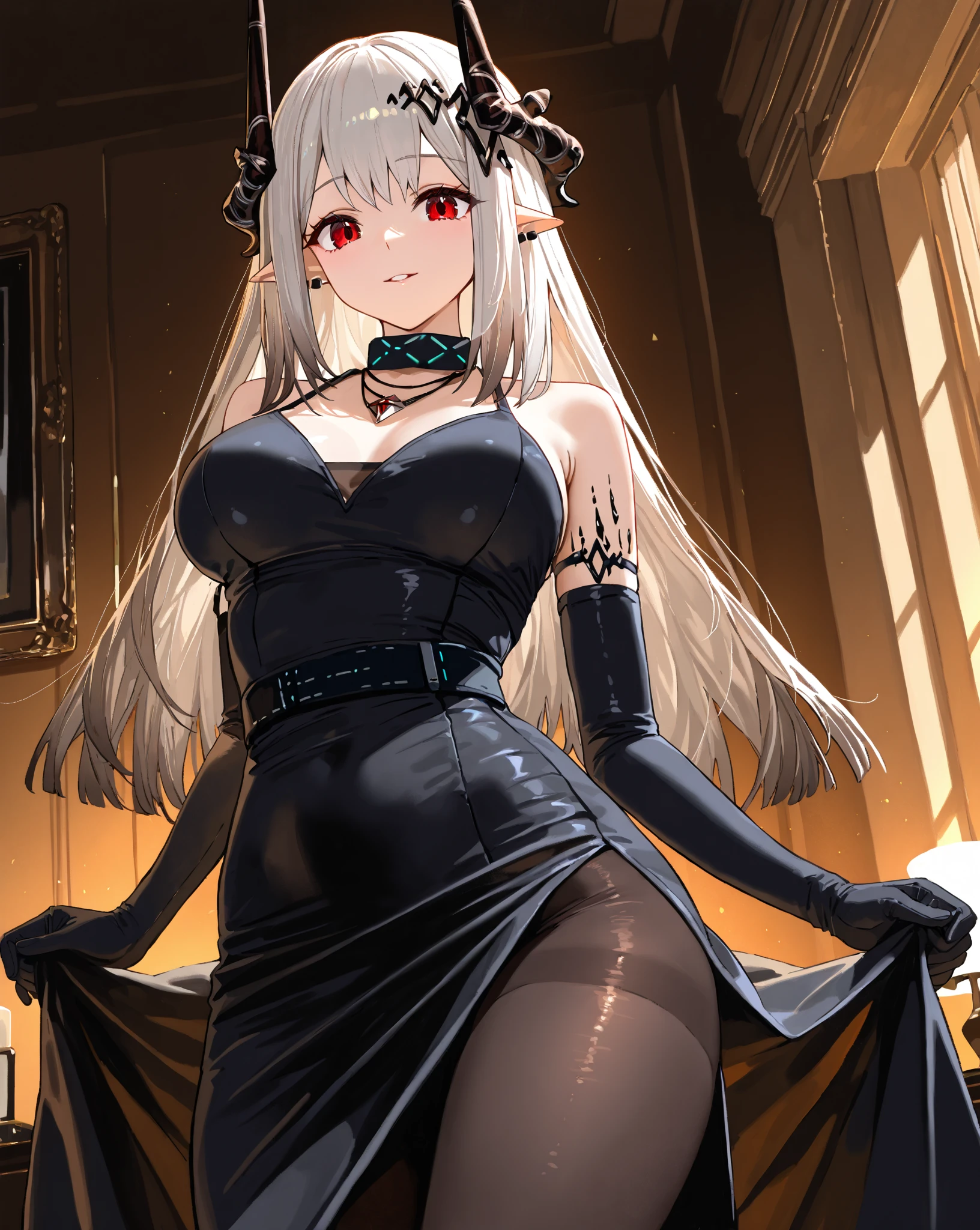 1girl,solo,
jewelry,large breasts,
,black nightgown, curled horns, , elbow gloves,black gloves,
light smile, ,
kneeling,indoors,couch,red moon,