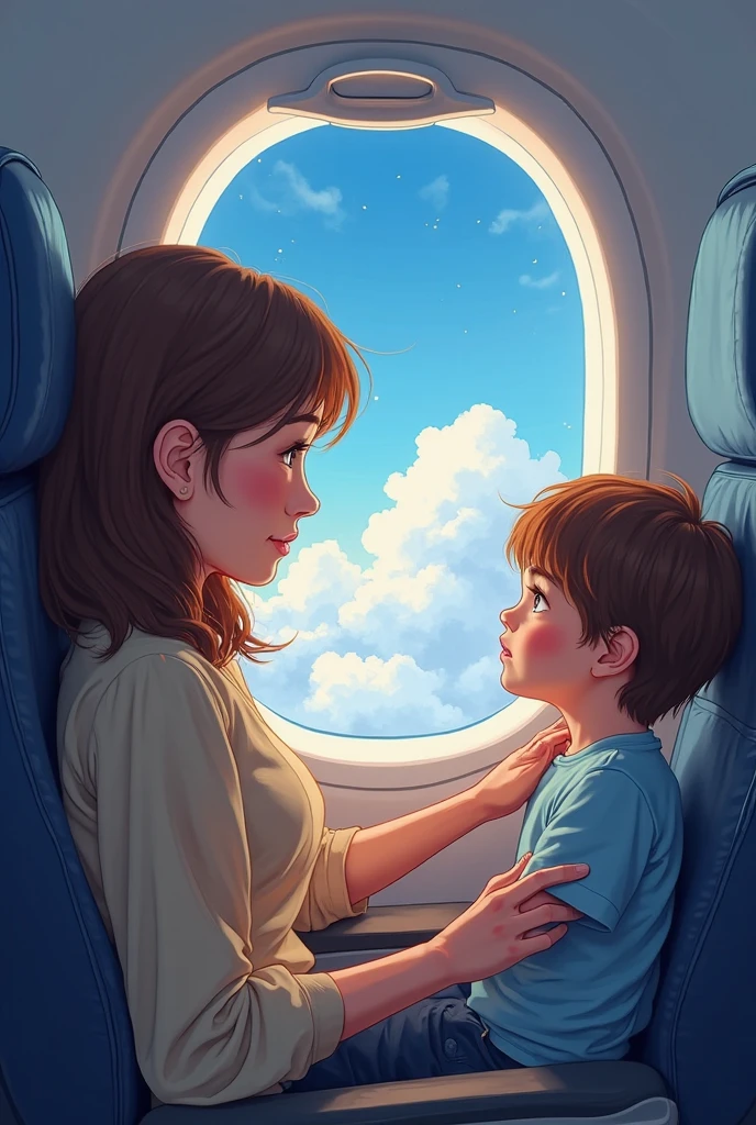 A girl sitting in the first row of flight and the window open where golden light was shining on her and a boy was watching her from behind