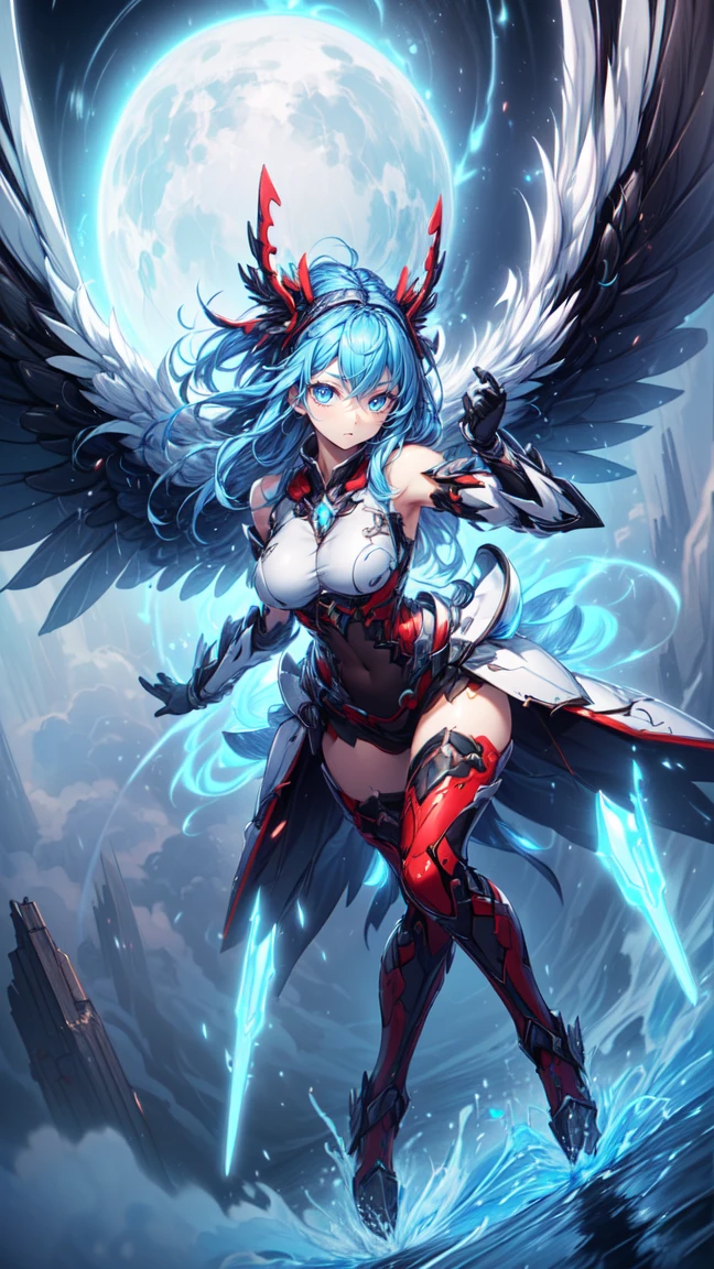 anime girl, blue lightning, fantasy, wings