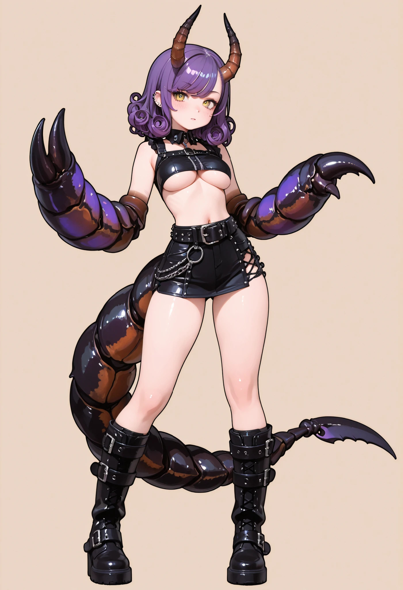 A girl fused with a scorpion. Purple hair. Tied back hair. Yellow eyes. Firm breasts. Curly waist. Thighs. Punk fashion. Underboob costume. Large belt. Stud buckle. Oversized boots. Insect legs. Scorpion tail. Monstrous arms. Crab arms. Insect horns.
