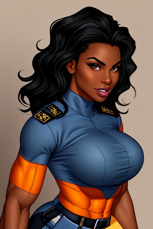 a beautiful black woman with black afro cornrows hairstyle,A gorgeous female mechanic in an atompunk style, with a blank background, wearing an unzipped orange jumpsuit revealing cleavage, featuring a mechanical hand and cybernetic augments, in a retro-futuristic setting with gunmetal grey tones,