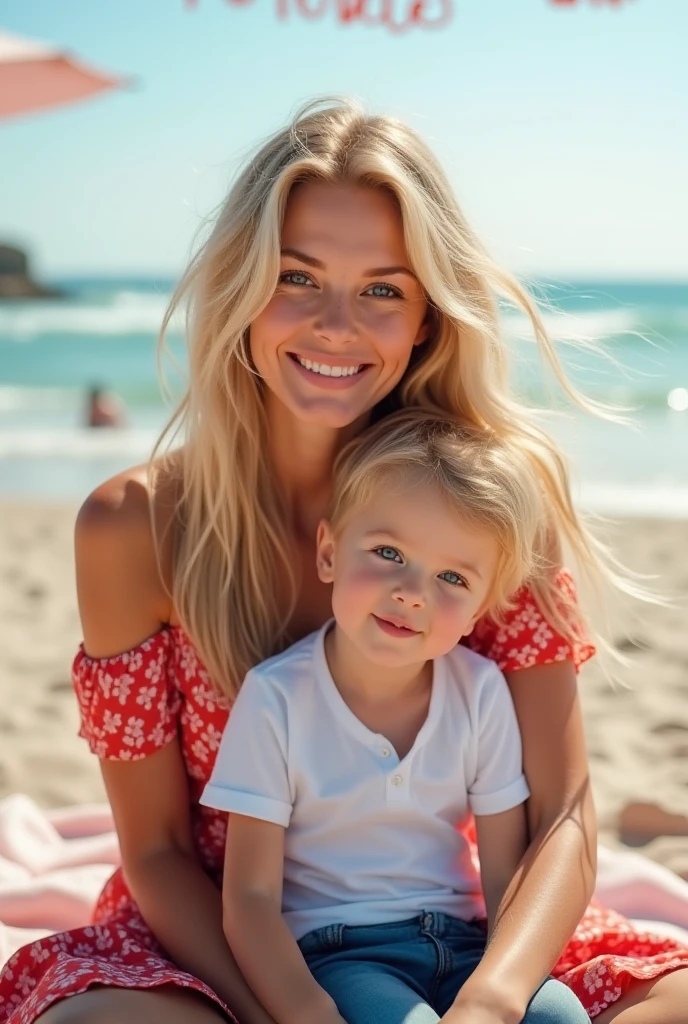 Blonde mom with baby black hair and blue eyes of at the beach, full body, realistic photo