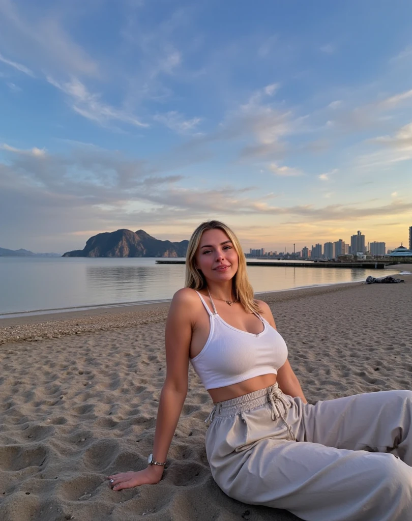 a blonde(white) girl with reasonably large breasts and a reasonably large ass (spicy photos with lifestyle are mixed) in a sunset