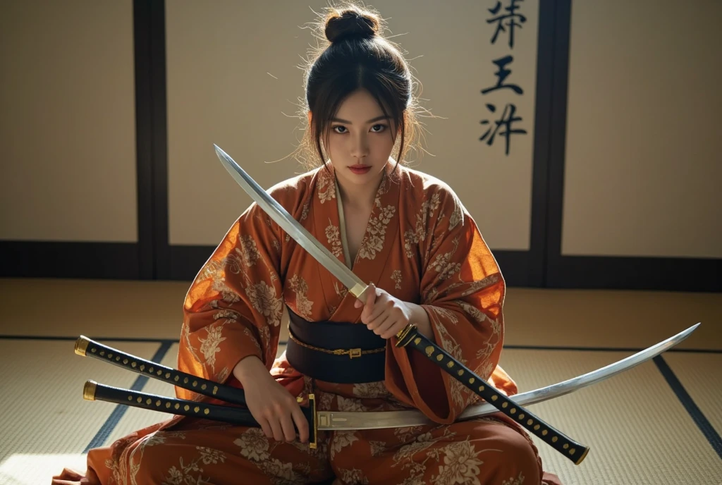 (highest quality,8K quality,masterpiece:1.3,),(超A high resolution,Photorealistic:1.4,Raw photo),(Ultra-detailed,Caustics,Perfect Anatomy),(Ultra-Realistic Capture,Beautiful and detailed skin),In town、27 years old,Black short bob,heavy,Looking into the camera,(Low angle),Warm lighting,Samurai clothing、cool、Holding a sword、Beauty、Angle of view that shows all the way to the toes