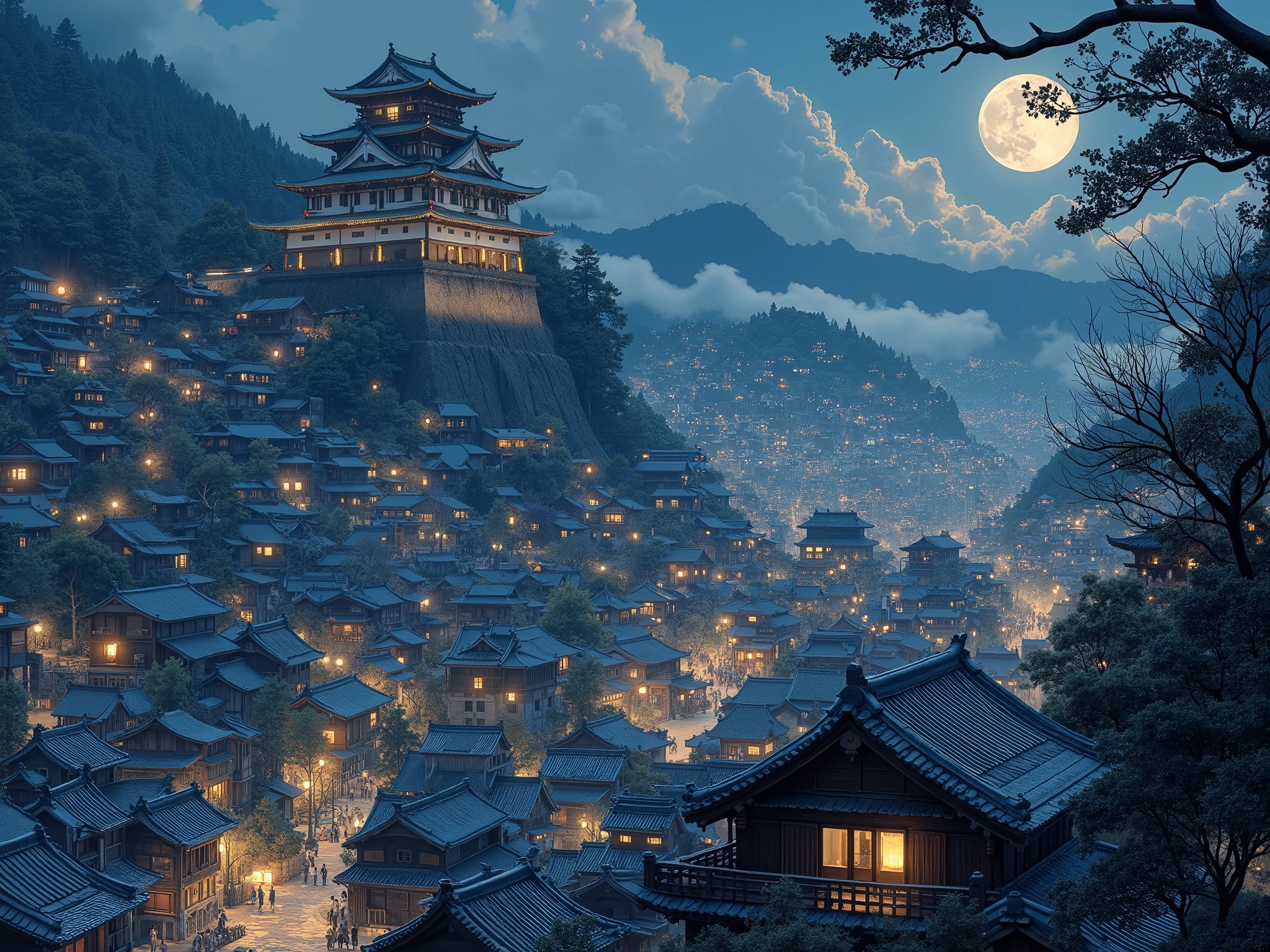 A fantastical night view of a traditional Japanese mountain town. Countless wooden houses with tiled roofs and softly glowing windows climb the misty hillside. The scene is bathed in moonlight and warm lantern light, creating a calm and dreamlike atmosphere. Amid the sea of buildings, a majestic Japanese castle stands on a stone foundation at the highest point, illuminated subtly, drawing all attention to its grand presence. The entire cityscape is realistic and serene, with no people or modern elements—only timeless beauty and harmony between architecture and nature, rendered in 4K ultra-detail.