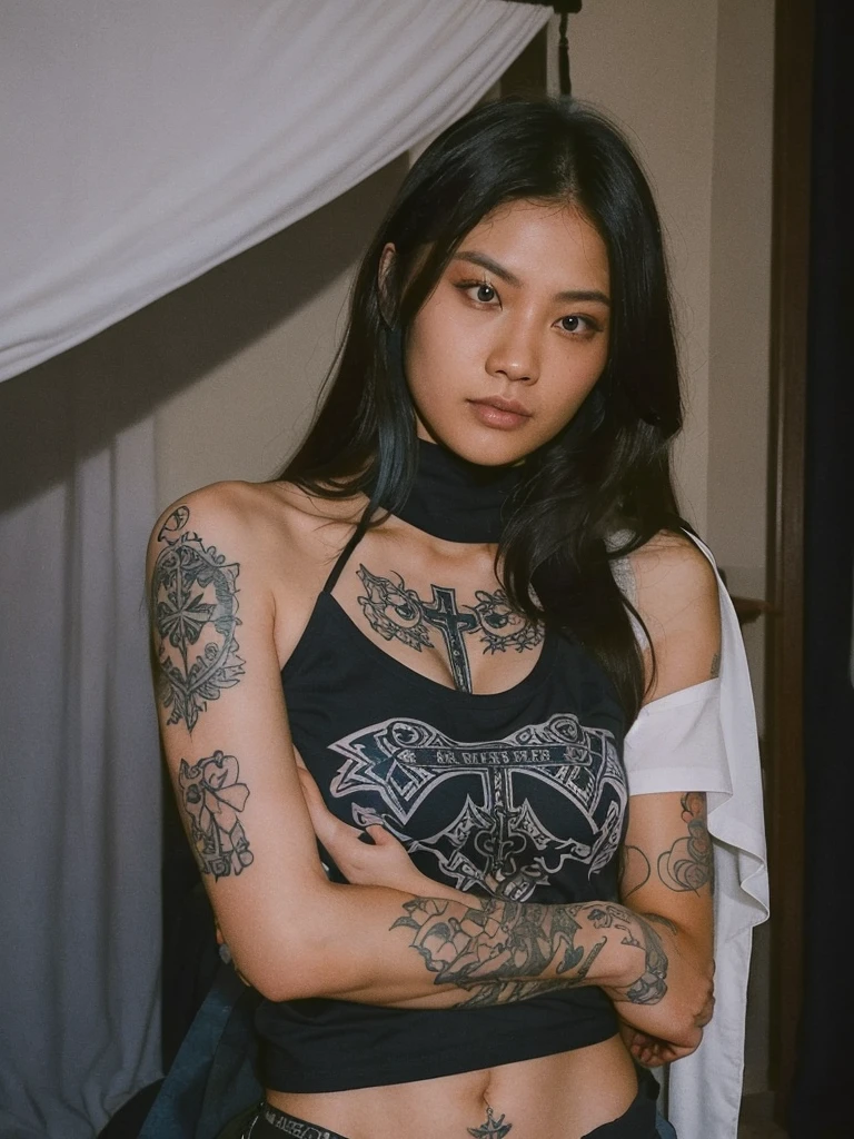 Asian woman white and very thin. Lots of tattoos. severe scabies sufferer. Tank top and side slit mini skirt. Lying in the hospital. Face of despair.