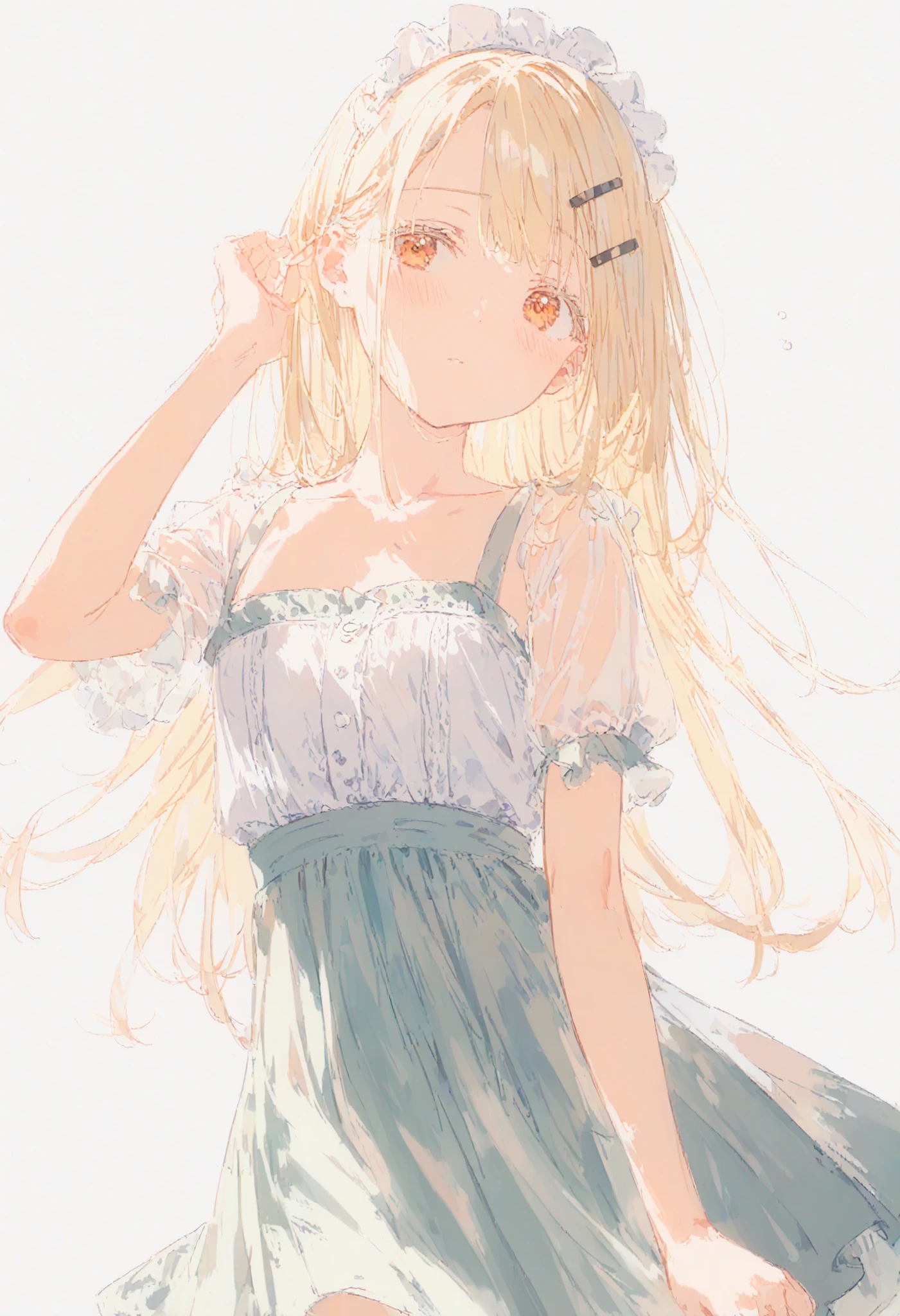 anime girl in a dress and hat with long hair, in dress, cute anime waifu in a nice dress, blonde anime girl with long hair, pixiv style, beautiful anime girl, top rated on pixiv, (anime girl), pixiv, digital art on pixiv, beautiful anime artwork, beautiful anime style, cute anime girl, pretty anime girl, detailed drawn beautiful eyes
