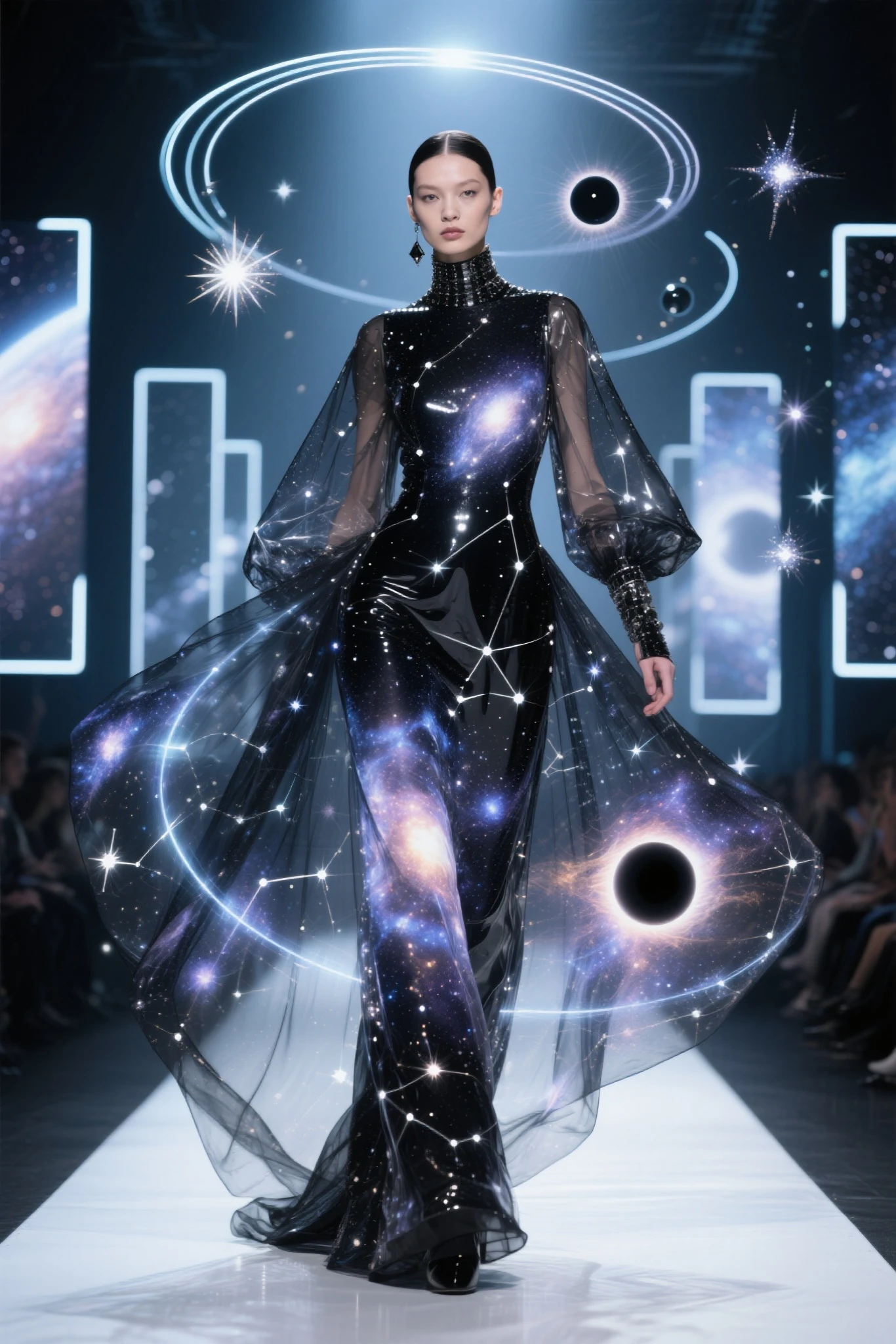 a photorealistic cinematic scene of a female model walking down a futuristic fashion runway in a surreal avant-garde dress,  
the dress appears to defy gravity — parts of the fabric float and twist in midair as if alive,  
its texture is translucent and glowing from within, like a galaxy made of fabric: deep blues, purples, and golds swirling with constellations and cosmic light,  
fragments of the gown orbit around her in slow motion, connected by threads of light,  
the stage is minimal but stylish, with glass floors reflecting the luminous dress, and a shadowy audience watching in awe,  
occasional sparks and glimmers trail from her movements, as though she’s weaving reality with each step,  
the lighting is high-contrast and dramatic, highlighting the unnatural silhouette and impossible motion of the design,  
a sense of elegant alienness pervades the scene — like a visitor from another dimension showcasing art to Earth,  
hyper-detailed photorealistic rendering, surreal haute couture meets science fantasy