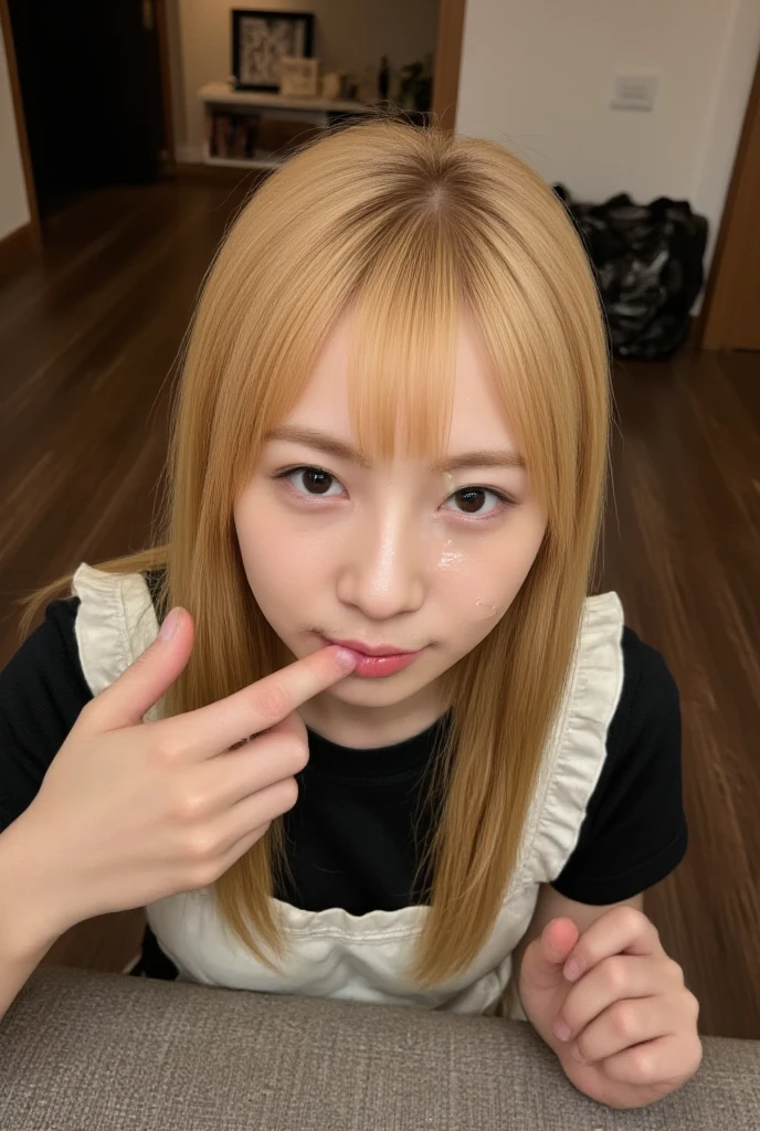 (Realistic:1.3、Ultra HD、Ultra-high resolution、8K、Japanese Housewife、寝室でBlowjobチオをするMature Woman:1.5、At the bed)、((Look Viewer:1.8))、(Extremely realistic skin texture:1.4)、(Realistic:1.3)、short hair、((Embarrassed expression:1.5))、(blonde:1.5)、48-year-old woman、Mature Woman、Ponytail Hairstyles、(Brown eyes:1.3)、(Face close-up:1.38)、(Sweaty:1.2)、(Nipplesを見せる)、((衣服から突き出たNipples,))、dress、美しいNipples、Nipples、(Shooting from the side:1.1)、Drooling、((Blowjobチオ:1.6、Blowjob、Cum in mouth、Bukkake))