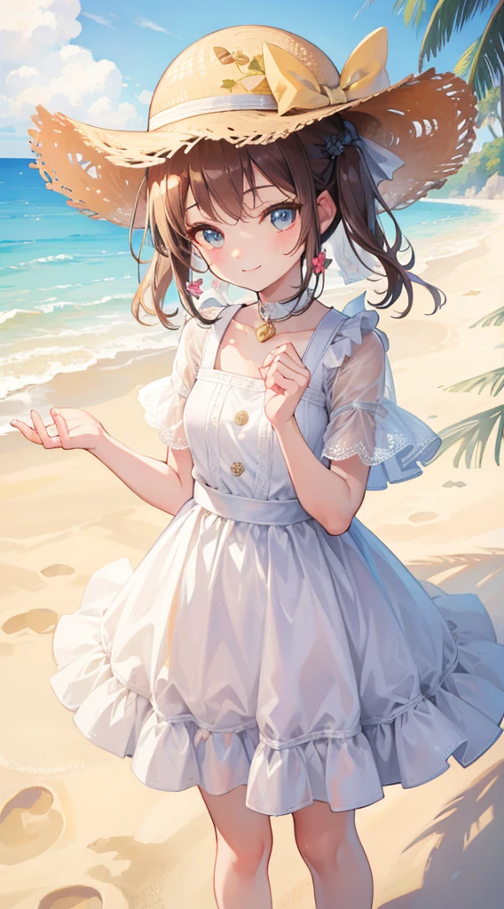 ((Highest quality、8K、masterpiece))、((One Girl))、((cute))、Big smile、Blushing、Open your mouth、Brown Hair、Short Bob Hair、Ultra detailed face、Very fine eye、Ultra detailed hair、Short sleeve collared shirt、Purple bow tie、Beautiful beaches、Palm tree、Bright sunlight、Beautiful blue sky,(NSFW)