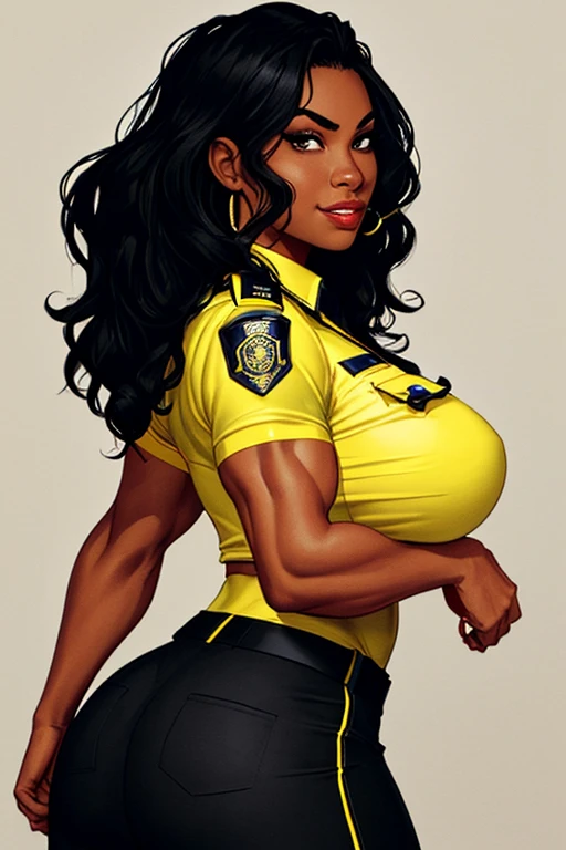 Thin woman, age 25, 4K (High definition), beautiful smile, seducing gaze, eyes browns, wearing a yellow dress ((with side zipper, decote canoa, shortsleeves)), arms positioned at the side of the body, brown skin, short curly black hair ((at shoulder height)), sitting in a chair, curvy with freckles on her chest and neck, round breasts. High-quality Marvel style, white background.