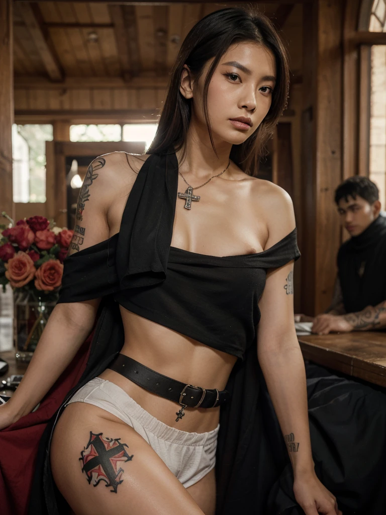 20 year old japanese woman and beautiful and masterpiece and best quality and TATTOO and IREZUMI and film grain, full body, (GiU)