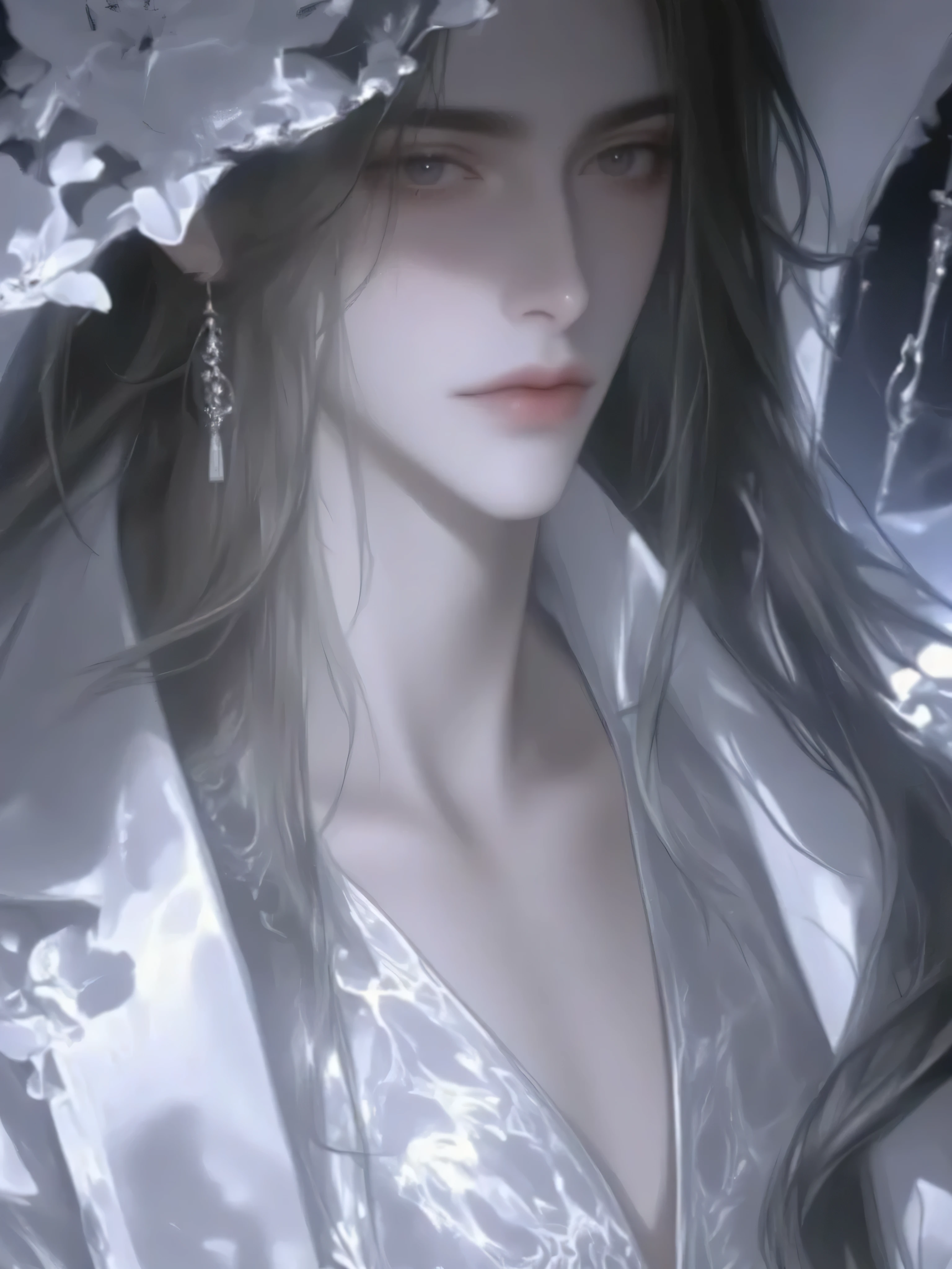 a handsome man with long hair antique black hair，a handsome man with long hair, an ancient brunette in a fairy-looking white Hanfu， traditional Chinese clothing ， Double eyelids，Japanese Manga Style，The throat is obvious