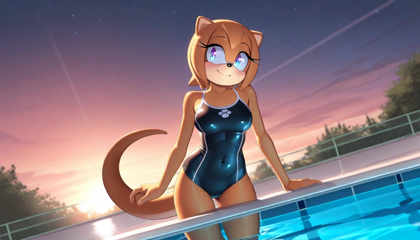 mobian, solo, hedgehog, two-tone fur ((orange fur, brown fur)), strapless bathing suit, cleavage, slim jeans, high-top sneakers, small breasts, two-tone hair (brown hair, black tip)), curly hair, halo, sunglasses, jewelry, red eyes, longeyelashes, red eyes, smile, shy, blush, pose, high detail, masterpiece, UHD, anatomically correct, super detail, highres, 4K