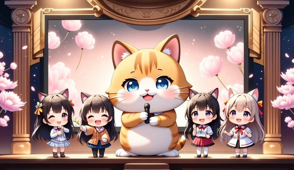 (ultra-detailed animated chibi anime), best quality, clear focus, dramatic scene, cinematic, (ultra-high resolution), perfect anatomy, perfect face, (detailed face), (detailed eyes), (chibi), there are row of girls\(chibi, famous Japanese chibi idol girl, wearing Japanese girl idol's raffled stage costume with mini skirt, ribbon, hair accessories, very beautiful and cute face, medium breasts, smile, holding a microphone, singing\) and cute giant fat cat\(male cat but dancer, wearing a stage costume, adorable giant fat cat, cute, happy, detailed, detailed opened eyes\), (row of 3 idol girls and her giant cat are performing their live on the stage), on a special stage with professional lighting with floral patterned background with large screen, the large screen displays that a cat eating a huge steak at the fine steak house,